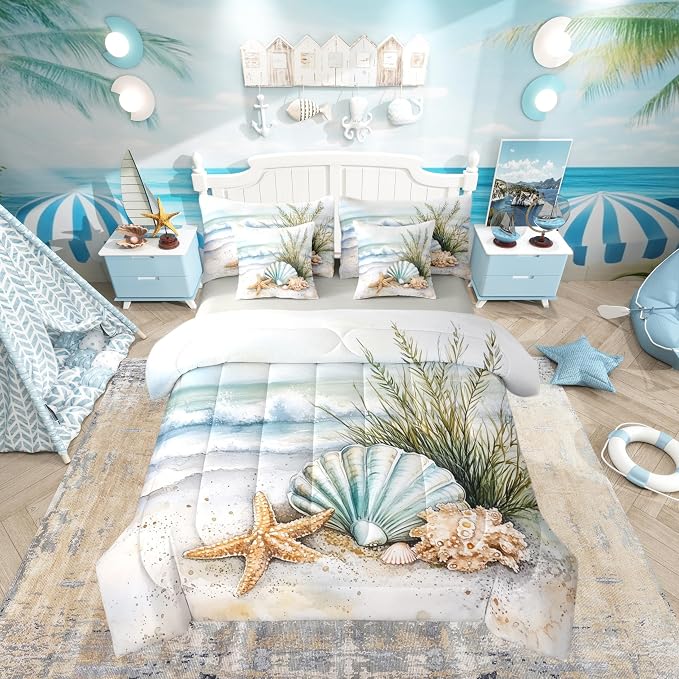 Erosebridal Coastal Twin 7 Pieces Bedding Set for Kids, Summer Beach Nautical Bed in A Bag for Boys Girls Women Men, Sea Waves Marine Life Comforter Set with Sheets, Shell Seaweed Starfish Bed Sets by Erosebridal