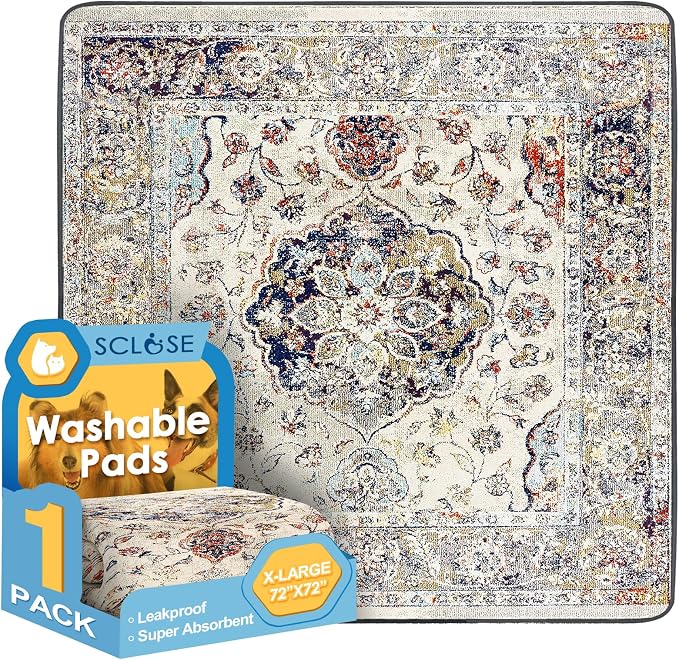 SCLOSE Washable Pee Pad for Dogs Extra Large, 72" x 72" Reusable Puppy Pads Waterproof Dog Rugs, Super Absorbent, Leakproof, Dog Crate Pad, Playpen Mat, Whelping Pads, Vintage Medallion by SCLOSE