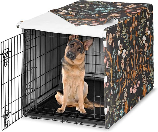 Sweet Jojo Designs 48in. Large Dog Crate Cover (Black Boho Wildflower) for Girls Pet Cage, Kennel Covers (Vintage, Floral, Leaves, Botanical, Paisley, Flower, Bohemian, Farmhouse, Orange, Blue, Teal) by SweetJojoDesigns
