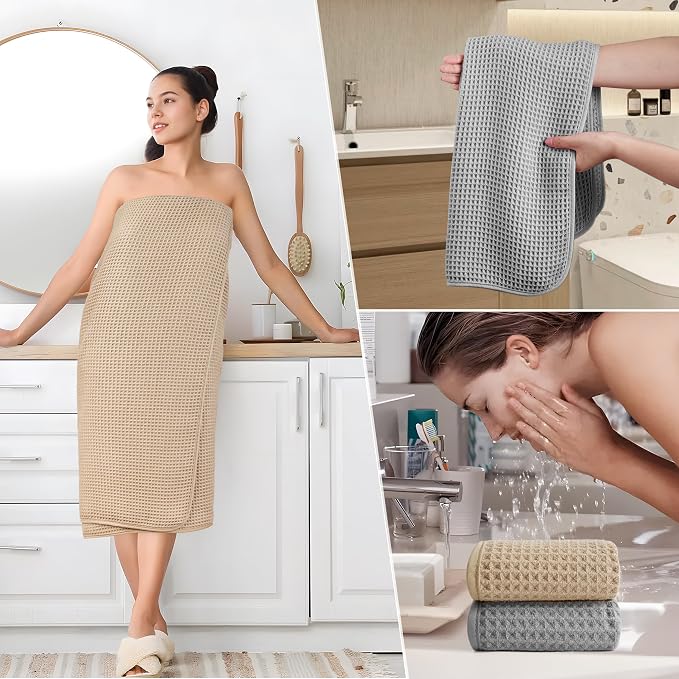 POLYTE 430 GSM Microfiber Quick Dry Lint Free Oversize Bath Towel Set, 6 Piece (Waffle Weave) - Image 5
