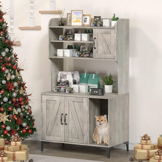 IDEALHOUSE Cat Litter Box Enclosure with Shelves and Doors,Wood Sturdy Hidden Litter Box Furniture,Indoor Cat House Furniture for Most of Litter Box,Litter Box Cabinet,Grey - Image 9