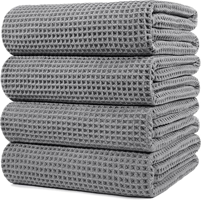 POLYTE 430 GSM Microfiber Oversize Quick Dry Lint Free Bath Towel, 60 x 30 in, 4 Pack (Waffle Weave) by Polyte