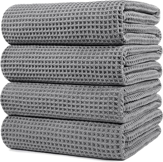 POLYTE 430 GSM Microfiber Oversize Quick Dry Lint Free Bath Towel, 60 x 30 in, 4 Pack (Waffle Weave) by Polyte