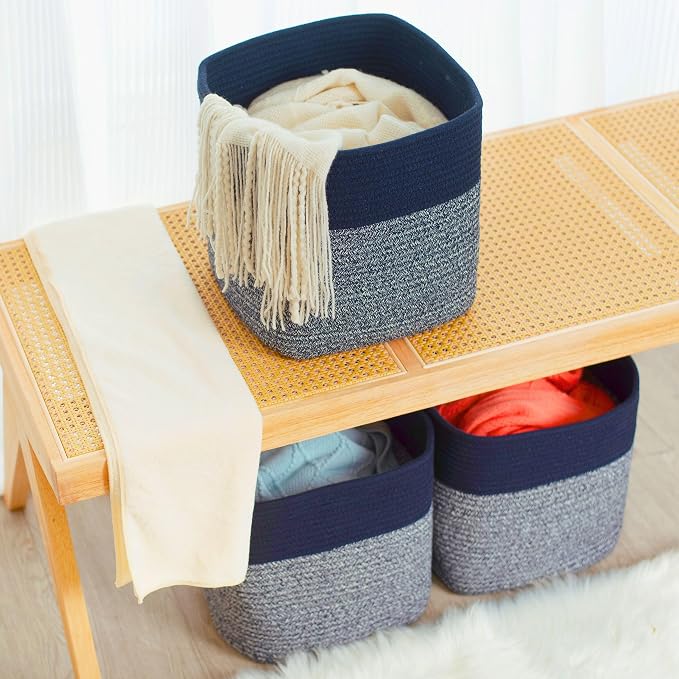 MINTWOOD Design 3-Pack 11x11in Woven Cube Storage Bin and Shelf Baskets, Cute Decorative Square Organizer for Closet, Classroom, Bathroom, Dog and Cat Toys, and Books, Navy Blue - Image 6