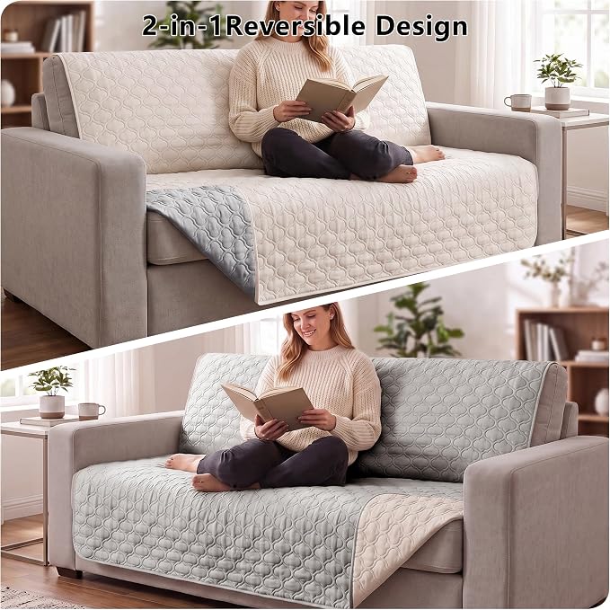 Waterproof Couch Cover - Washable Dog & Pet Furniture Protector | TPU Leak-Proof Liner, Microfiber Fabric, Lightweight & Reversible, Fits Sofa and Bed, 52" x 82" , Lightgrey/Cream - Image 4