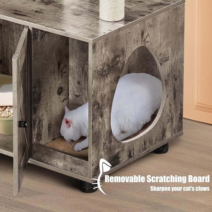 Yaheetech Litter Box Enclosure with Cat Tree, All-in-one Indoor Kitten House w/Scratching Posts, Wooden Cat Litter Box Furniture w/Kitty Condo, Platform, Greige/Beige - Image 8