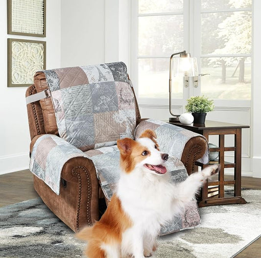 Brilliant Sunshine Latte Grey Paris & Toile Couch Recliner Cover, 28" seat | Patchwork Design, Non Slip Sofa Cover, Furniture Protector, Large Washable Reclining Chair Slipcover for Pets, Dogs & Cats by BrilliantSunshine