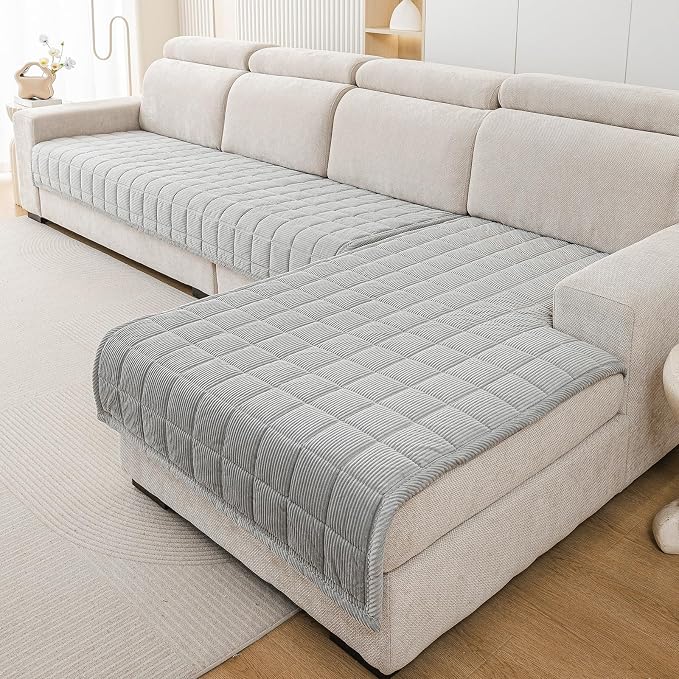 Velvet Couch Covers for Sectional Sofa Washable, Non-Slip L Shaped Sectional Couch Cover, Soft Pet Couch Covers for Sofa, Furniture Slipcovers for 3 Cushion Couch(1PC,35"x83",Light Grey) - Image 2