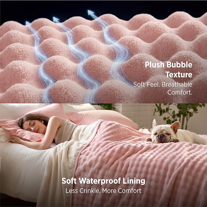 Bedsure Bubble Waterproof Blanket for Bed - Soft Fleece Reversible Dog Blankets for Large Dogs, Waterproof Couch Sofa Cover Bed Protector, Pink/Beige, King 108x90 inches - Image 6