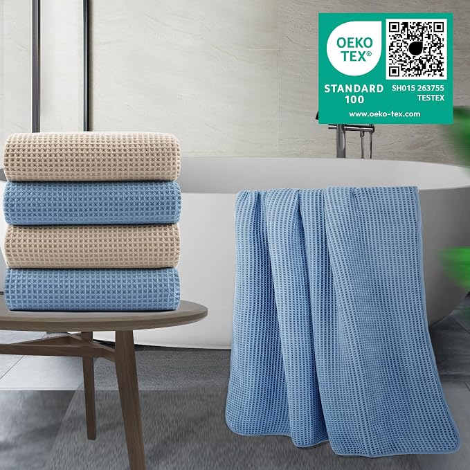 POLYTE 430 GSM Microfiber Oversize Quick Dry Lint Free Bath Towel, 60 x 30 in, 4 Pack (Waffle Weave) - Image 3