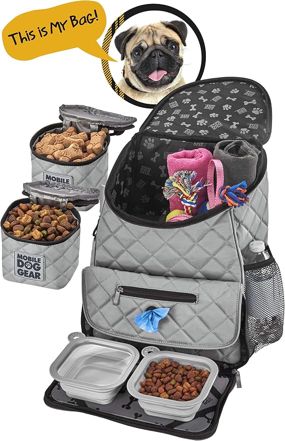 Mobile Dog Gear, Dog Travel Bag, Deluxe Quilted Weekender Backpack, Includes Lined Food Carriers and 2 Collapsible Dog Bowl, Gray - Image 5