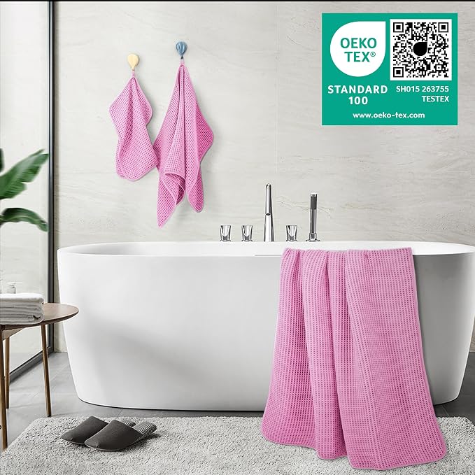 POLYTE 430 GSM Microfiber Quick Dry Lint Free Oversize Bath Towel Set, 6 Piece (Waffle Weave) - Image 3