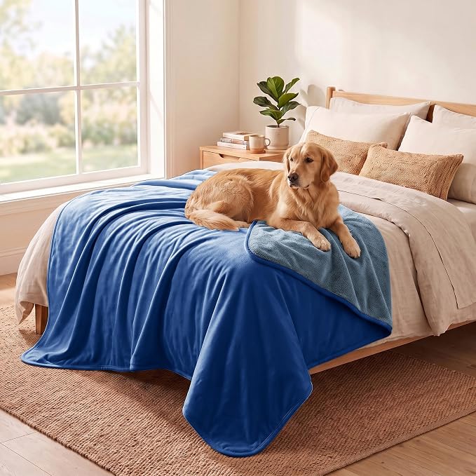 Waterproof Blanket - Reversible Dog Throw as Furniture Protector | Soft Velvet & Flannel, TPU Leak-Proof Liner, Machine Washable, Fits Couch and Bed, 82" x 108", Navyblue/Stoneblue by TuffeelHome