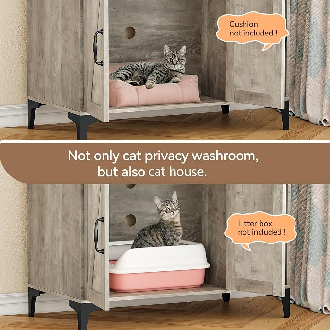 IDEALHOUSE Cat Litter Box Enclosure with Shelves and Doors,Wood Sturdy Hidden Litter Box Furniture,Indoor Cat House Furniture for Most of Litter Box,Litter Box Cabinet,Grey - Image 5