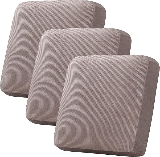 H.VERSAILTEX Velvet Stretch Couch Cushion Cover Plush Cushion Slipcover for Chair Loveseat Sofa Cushion Furniture Protector Seat Cushion Sofa Cover (3 Piece XL Sofa Cushion Covers, Taupe Striped) by HVERSAILTEX