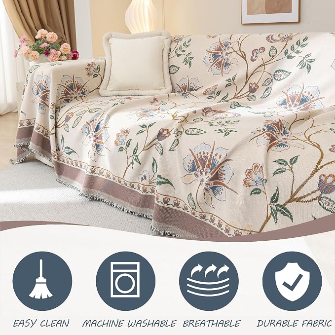 Floral White Jacquard Boho Couch Cover - Washable Decorative Chenille Sofa Slipcover for Kids and Pets, 1 Piece Non Slip Furniture Protector, Multi-Use Blankets (XLarge, 71" x 134") - Image 3