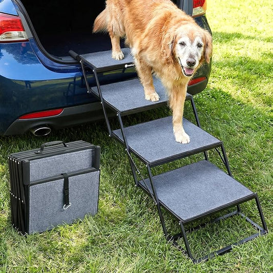 Veehoo Collapsible Dog Stairs for Large Dogs Extra Wide, 4 Steps Folding Dog Steps for Car Truck SUV 20" Wide, Heavy Duty Pet Loader Ramp Ladder Portable with Non Slip Surface, Support up to 200lbs
