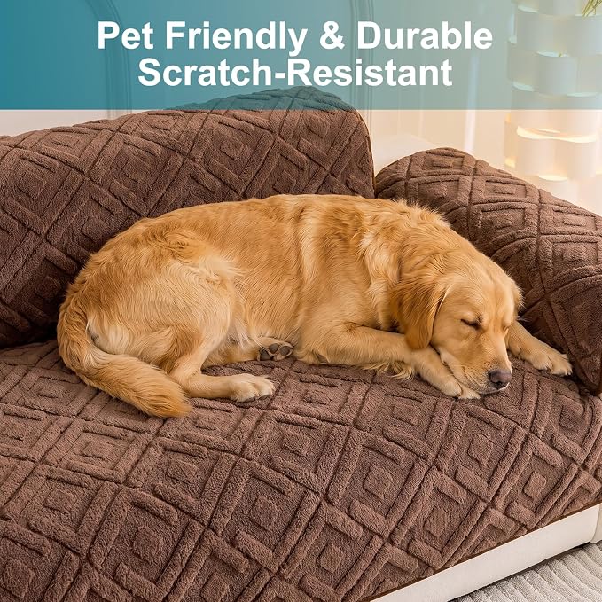 KRFOONN Couch Cover for Dog Non Slip Washable Plush Sofa Protector Brown | Pet Sofa Slipcovers for 3 Seaters Cushion Couch, Scratch Resistant, Soft Boho Pet Covers for Couches & Sofas (35.5" x 83") - Image 2