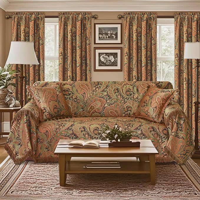 Loom and Mill Jacquard Paisley Sofa Couch Covers, Multi Color, 71"x118" | Luxury Damask Sofa Throw Cover with Tassels for 2-3 Cushion Couch, Sectional Couch Cover Sofa Slipcover for Dogs Pets - Image 2