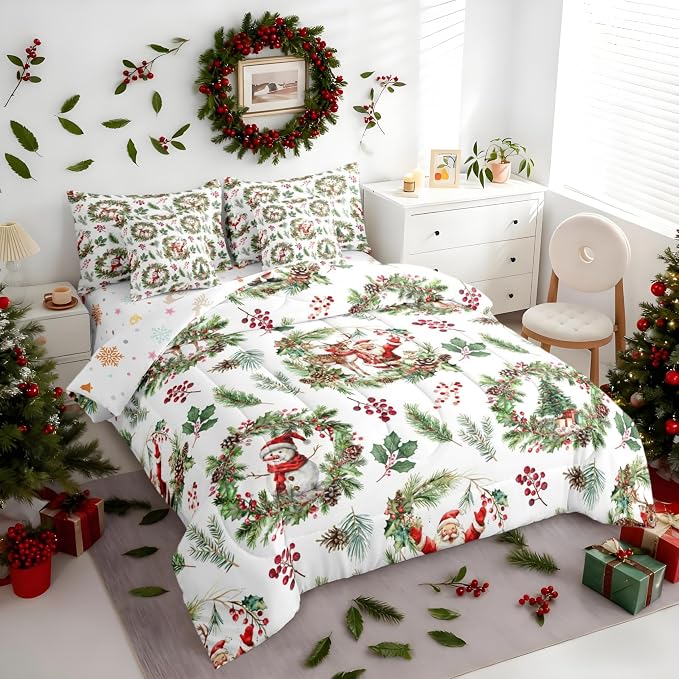 Erosebridal Kids Xmas Santa Claus Bedding Set Full Xmas Elk Deer Comforter Set 7 Piece Woodland Pine Berry Bed in A Bag for Kids Boys Men Green Christmas Decoration Quilt with Flat Fitted Sheet by Erosebridal