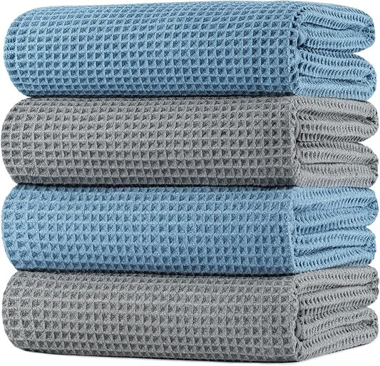 POLYTE 430 GSM Polyester Polyamide Microfiber Oversize Quick Dry Lint Free Bath Towel, 60 x 30 in, 4 Pack (Waffle Weave) by Polyte