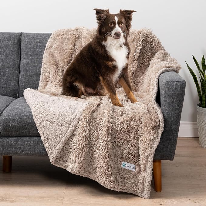 PetAmi Waterproof Dog Blanket for Couch, Bed & Furniture,Reversible Sherpa & Faux Fur Pet Blanket, Leakproof Blanket for Dog Cat, Washable Couch Protector, Soft Calming Pet Throw (40x60, Taupe) by PetAmi