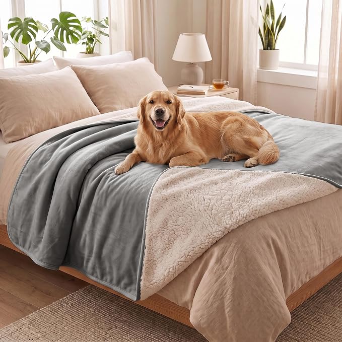 Waterproof Blanket for Dogs - Pet Throw as Furniture Protector | Cozy Sherpa & Smooth Velvet, Reversible and Machine Washable, for Couch and Bed, 86"x90", Dark Grey by Bigbeer