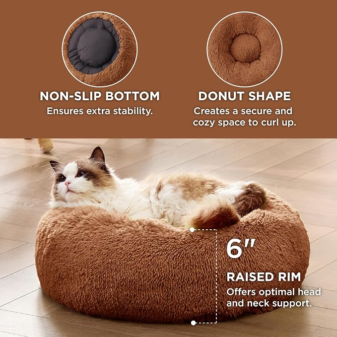 Bedsure Calming Cat Beds Donut Round Washable Kitten Bed,20 inches Copper | Fluffy Faux Fur Cuddler,Machine Washable,Anti-Slip Bottom,Anti-Anxiety,Deep Sleeping for Cats&Small Pets Up to 15 Lbs - Image 4