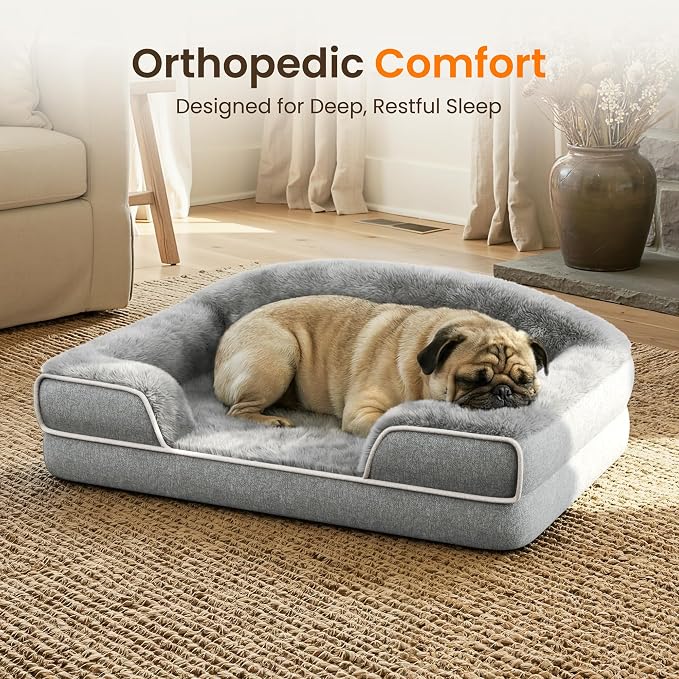 Orthopedic Dog Bed for Small to Medium Dogs, 30"x20" Dog Couch Bed | Egg Crate Foam for Pressure Relief, Cozy Bolster Sofa Design, Waterproof Removable Washable Cover, Non Slip Bottom Light Grey - Image 2