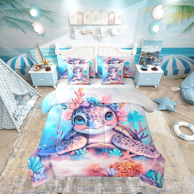 Erosebridal Kids Cute Turtle Comforter Set with Sheets Twin Size, Ocean Life Tortoise Bed in A Bag, Underwater World Sea Animal 7 Pieces Bedding Set, Watercolour Coral Bedding Comforter Sets by Erosebridal