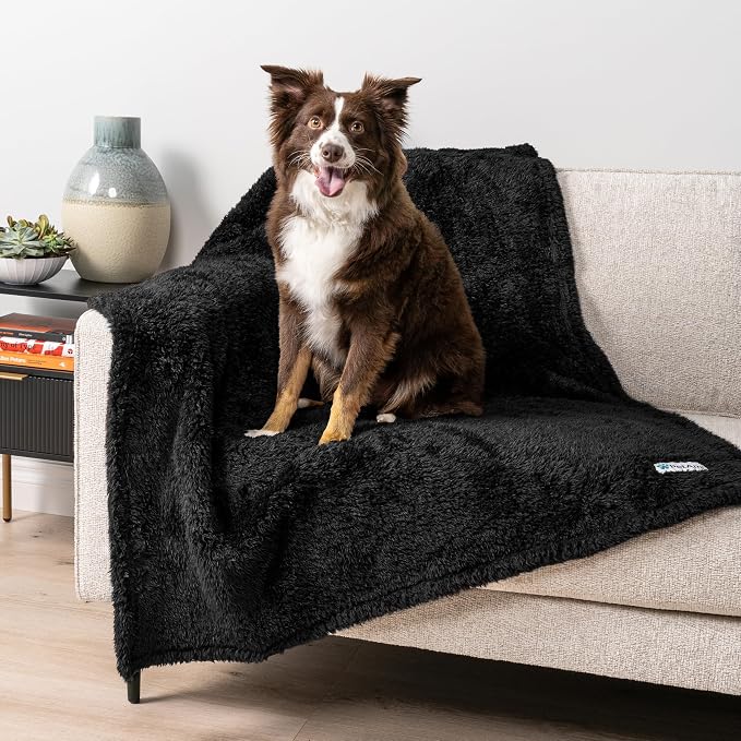 PetAmi Fluffy Waterproof Dog Blanket for Couch and Bed, Reversible Sherpa Pet Throw, Pee Proof Furniture Protector Sofa Cover, Washable Cat Blanket for Medium Large Dogs and Cats (Black, 40x60) by PetAmi