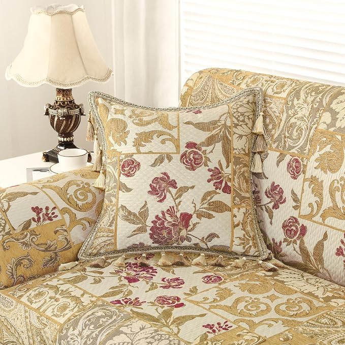 Loom and Mill Sofa Couch Covers Patchwork Design, Beige Yellow, 71"x118" | Luxury Damask Floral Sofa Throw Cover with Tassels for 2-3 Cushion Couch, Sectional Couch Cover Sofa Slipcover for Dogs Pets - Image 5