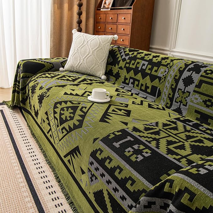 VClife Boho Couch Cover, Aztec Sofa Cover for Dog, Non Slip Washable Couch Covers for 2 Cushion Couch Sofa, Reversible Triangle Geometric Loveseat Cover Furniture Protector (Black-Green, 71" x 118") - Image 9