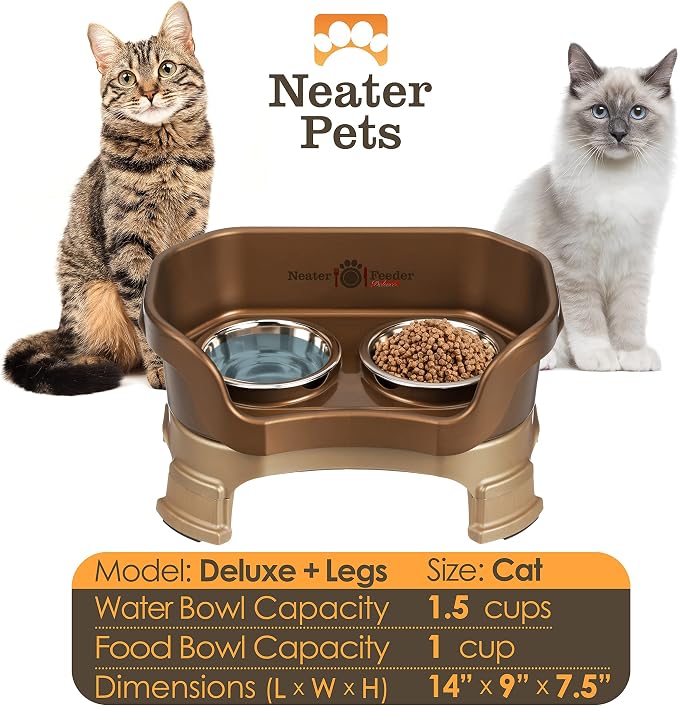 Neater Feeder Deluxe Mess-Proof Elevated Cat Bowls, 2 Height Adjustable (6” & 7.5”) No-Spill Raised Cat Bowl Stand, Whisker Friendly Stainless Steel Dishes for Indoor Cats, Made in USA, Bronze - Image 4
