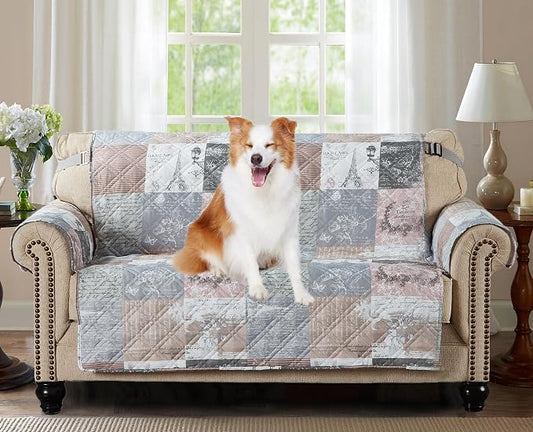 Brilliant Sunshine Latte Grey Paris & Toile Loveseat Cover, 54" seat | Non Slip Sofa Cover, Patchwork Design, Quilted Furniture Protector, Large Washable Love Seat Slipcover for Pets, Dogs & Cats by BrilliantSunshine