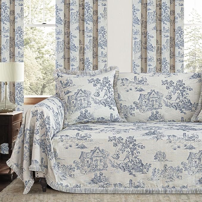 Loom and Mill Luxury Jacquard Toile Sofa Couch Covers, Blue, 71"x118" | French Country Style Sofa Throw Cover with Tassels for 2-3 Cushion Couch, Sectional Couch Cover Sofa Slipcover for Dogs Pets by LoomandMill