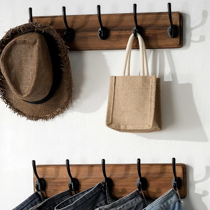 SKOLOO Rustic Wall Mounted Coat Rack with 16 Inch Mounting Hole Distance, Pine Solid Wood Coat Hook Hanger - 5 Hooks for Hanging Clothes Robes Towels Coats - Image 4