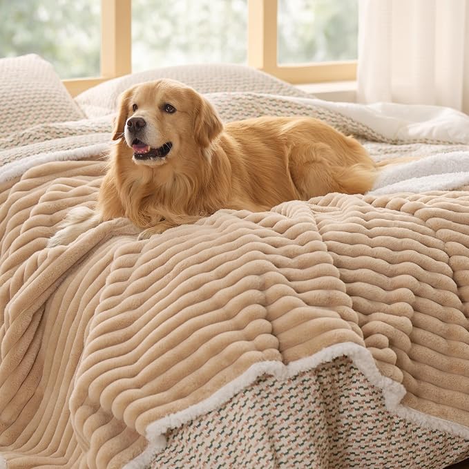Bedsure ComfyFleece™ Waterproof Blanket for Bed, Twin（60"x80"） Tuscan Beige | Soft Plush Couch Bed Cover Corduroy Fleece for Furniture Protector, Cozy Calming Reversible Dog Blankets for Large Dogs Pet - Image 6