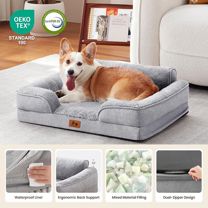 Orthopedic Dog Beds for Medium Size Dogs, Waterproof Egg-Crate Foam Pet Couch Bed with Soft Sides, Non-Slip Dog Sofa with Fleece Removable Washable Cover, 35"L Supportive Pet Sofa, Light Grey - Image 4