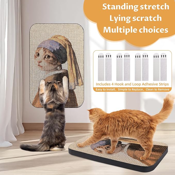 Cat Wall Scratcher, Art Cat Scratching Board for Indoor Cats | Wall Mounted Cat Scratch Pad, Water-Based Ink, Hook&Loop Strips, Floor or Wall Use, 16.7x11x1 Inch, Cat with Pearl Earring - Image 3