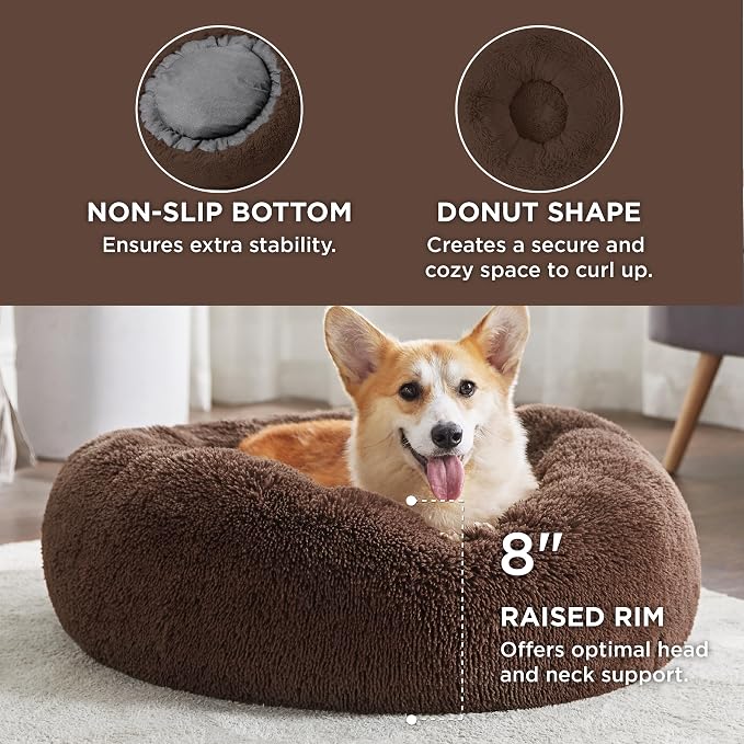 Bedsure Calming Dog Bed Medium Size Dog Donut Washable Pet Bed,30ins Coffee | Fluffy Faux Fur Round Cuddler,Machine Washable,Anti-Slip Bottom,Anti-Anxiety,Deep Sleeping for Pets Up to 45 Lbs - Image 3
