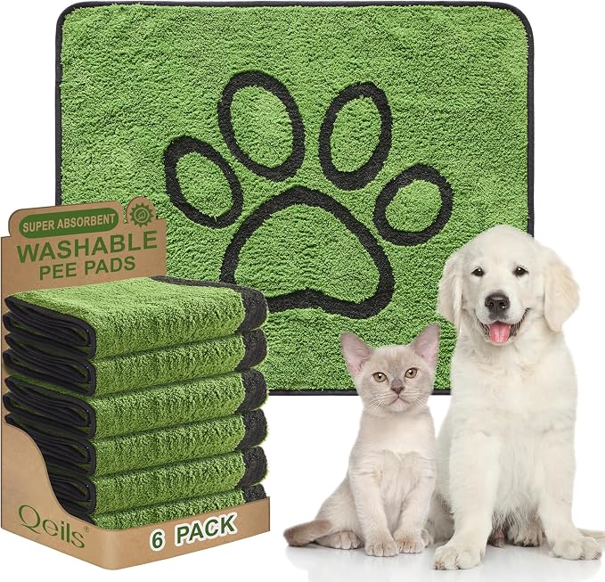 Qeils Reusable Dog Pee Pads, Washable Puppy Pads, Leak-Proof 30"x34" 6 Pack | Super Absorbent And Non-Slip Potty Training Pads, Soft Paw Print Plush Design, Ideal For Crates, Couch, Car Seats & Pet Beds by Qeils