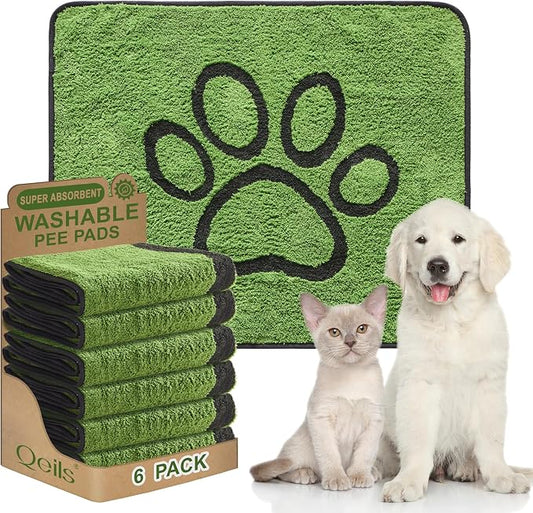 Qeils Reusable Dog Pee Pads, Washable Puppy Pads, Leak-Proof 30"x34" 6 Pack | Super Absorbent And Non-Slip Potty Training Pads, Soft Paw Print Plush Design, Ideal For Crates, Couch, Car Seats & Pet Beds by Qeils