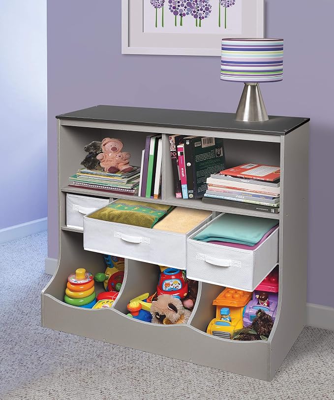 Badger Basket Combo Toy Storage Organizer and Bookshelf - Kids Storage Unit with 3 Removable Baskets, Open Shelves, Top Display Surface - Woodgrain and Gray - Image 5
