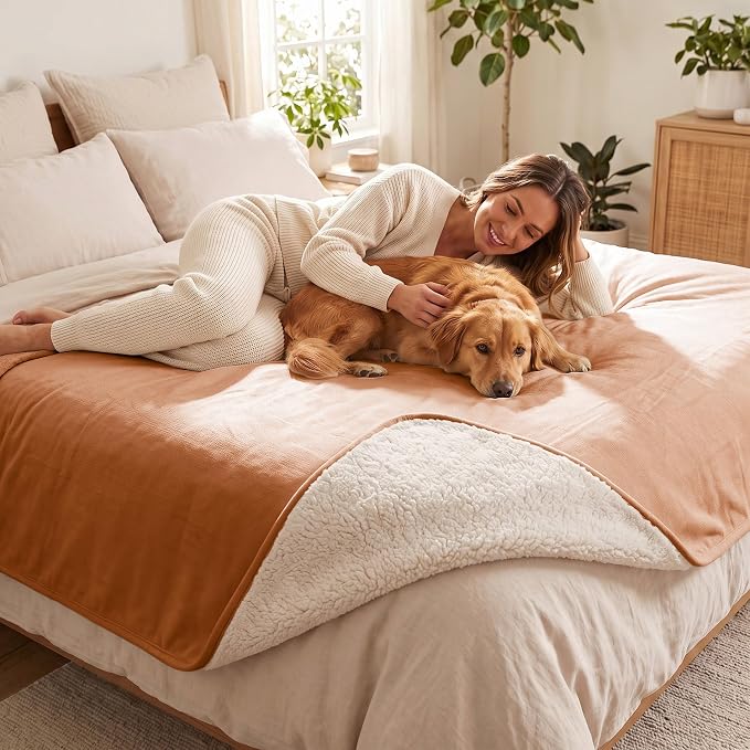 Waterproof Blanket for Dogs - Pet Throw as Furniture Protector | Cozy Sherpa & Smooth Velvet, Reversible and Machine Washable, for Couch, Bed, or Travel, 86"x90", Orange by TuffeelHome