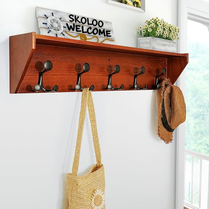 SKOLOO Wall Shelf with Hooks, 35-Inch Cherry Coat Rack Wall Mount with Shelf Organizer - Lightweight & Sturdy​​, 5 Tri Hooks - Perfect for Entryway, Hallway, Living Room, Bedroom, Mudroom - Image 2