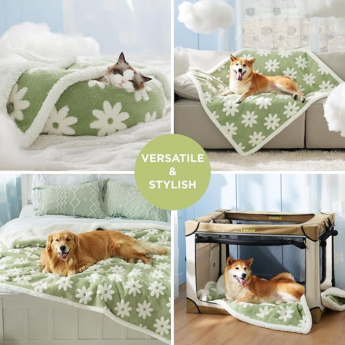 LE SURE Waterproof Dog Blankets for Large Dogs Cute Cozy 3D Jacquard,40x50 | Warm Soft Pet Blanket for Senior Dogs Aesthetic Gift, Washable Sherpa Throw, Reversible Couch Protector, Flower Garden Green - Image 5