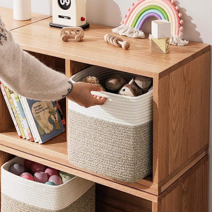 joybest 11inch Cube Storage Bins, Cotton Rope Woven Organizer Basket | Set of 4 Cube Bin Square Shelves Organizer Closet Storage, Nursery, Toy Organization, Brown&White - Image 6