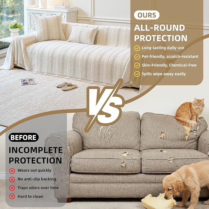 Couch Cover for Dogs Washable Sofa Cover, Sectional Couch Covers, Sofa Covers for 2 Cushion Couch, Non Slip Stripe Sofa Slipcovers Furniture Protector (Beige, 71x134) - Image 8