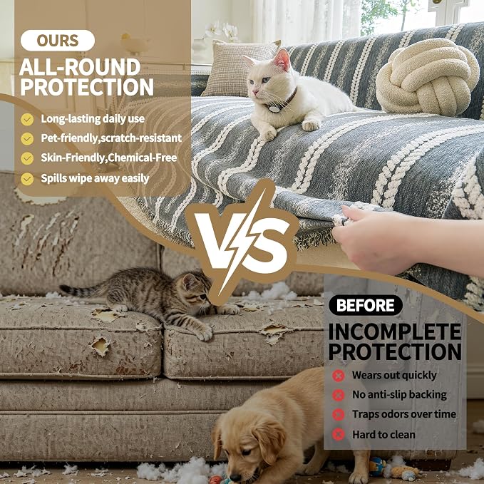 VANJOROY Couch Cover for 3 4 Cushion,Washable Couch Covers for Dogs Pets, Sofa Slipcovers Sectional Sofa L-Shape, Chenille Couch Cover for Sofa Cover Furniture Protector with Tassel,91"x 150" Grey - Image 4